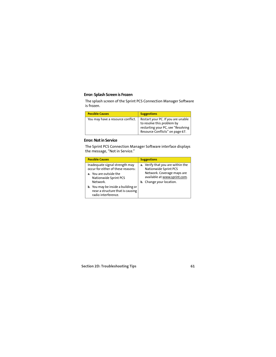 Error: splash screen is frozen, Error: not in service | Sprint Nextel OVATION U720 User Manual | Page 67 / 119