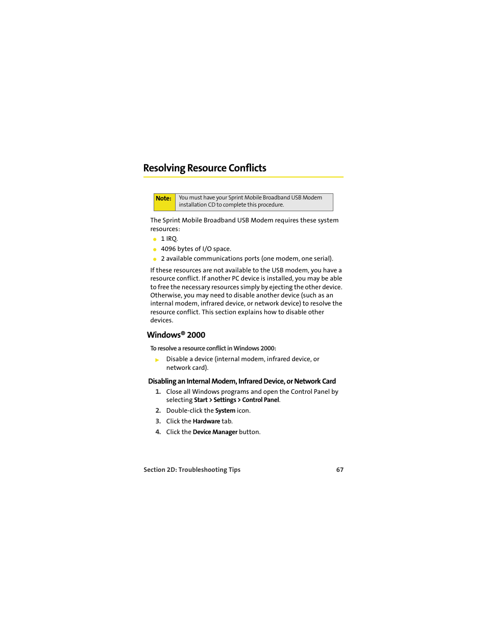 Resolving resource conflicts, Windows® 2000 | Sprint Nextel OVATION U720 User Manual | Page 73 / 119