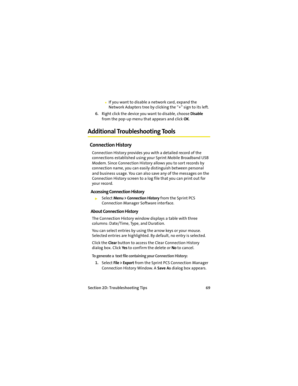 Additional troubleshooting tools, Connection history, Accessing connection history | About connection history | Sprint Nextel OVATION U720 User Manual | Page 75 / 119