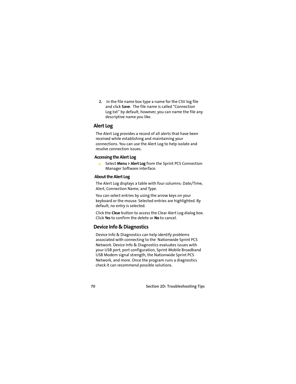 Alert log, Accessing the alert log, About the alert log | Device info & diagnostics | Sprint Nextel OVATION U720 User Manual | Page 76 / 119