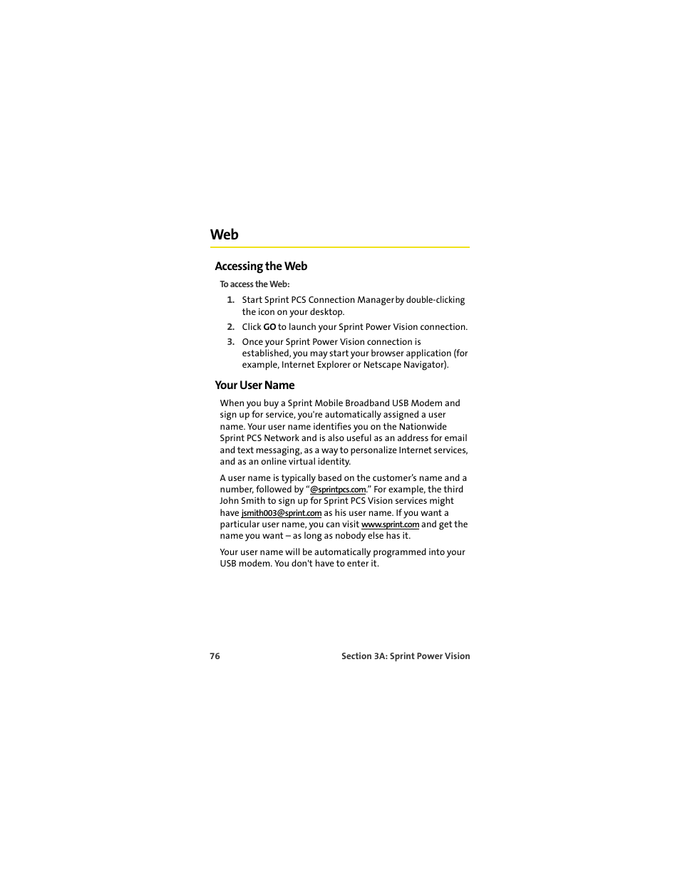 Accessing the web, Your user name | Sprint Nextel OVATION U720 User Manual | Page 82 / 119