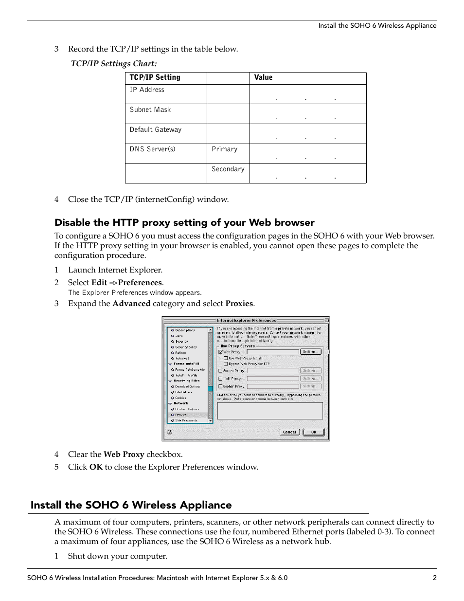 Disable the http proxy setting of your web browser, Install the soho6 wireless appliance, Install the soho 6 wireless appliance | Soho 6 User Manual | Page 2 / 8