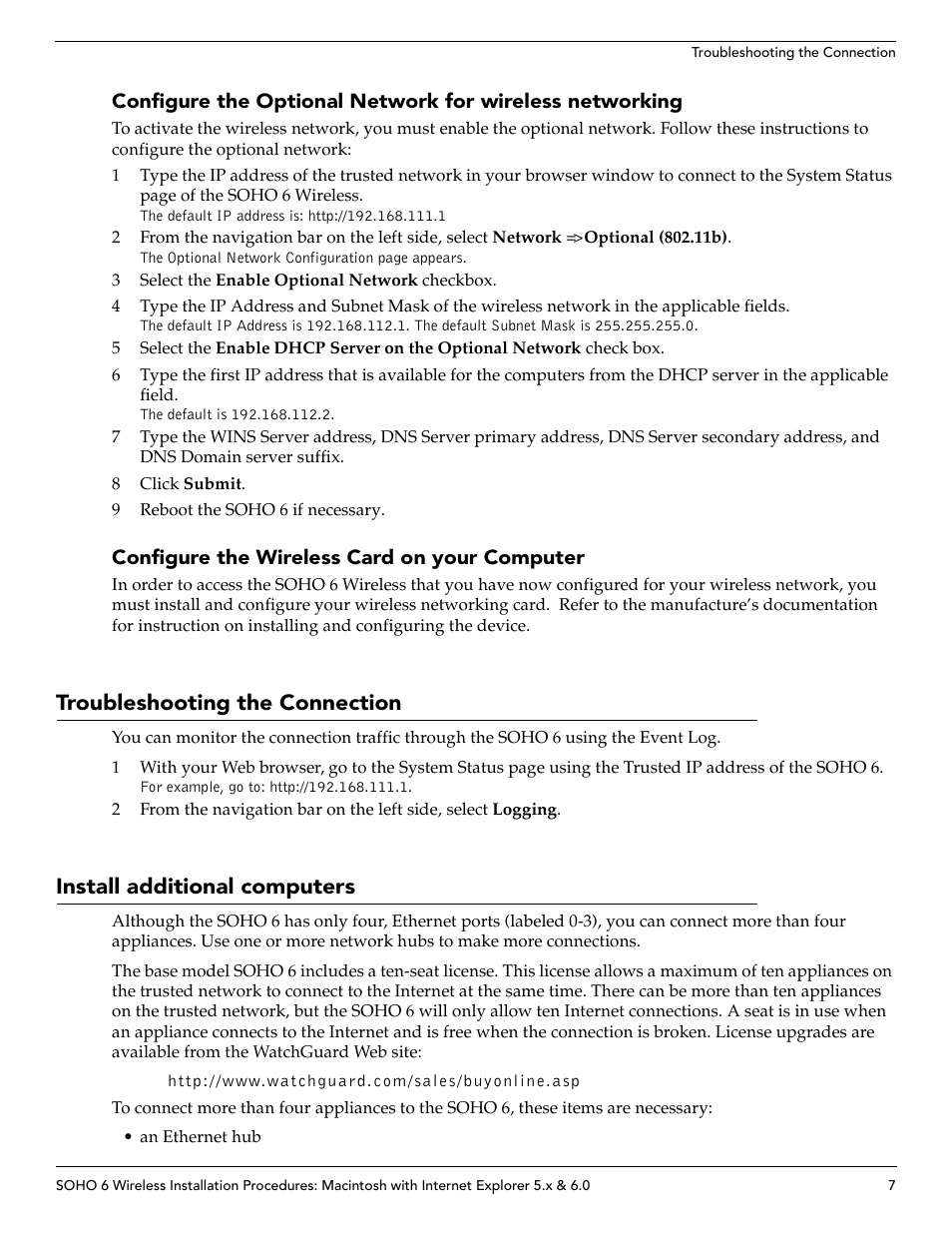Configure the wireless card on your computer, Troubleshooting the connection, Install additional computers | Soho 6 User Manual | Page 7 / 8