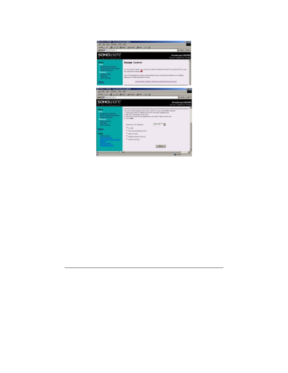 Advanced, Access control, Appendix a: vpn remote access | Soho NBG800 User Manual | Page 40 / 83
