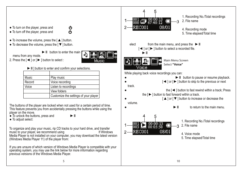 Basic operation, Windows media player, Playing back voice recordings | Slick MP316CB-2 User Manual | Page 6 / 8
