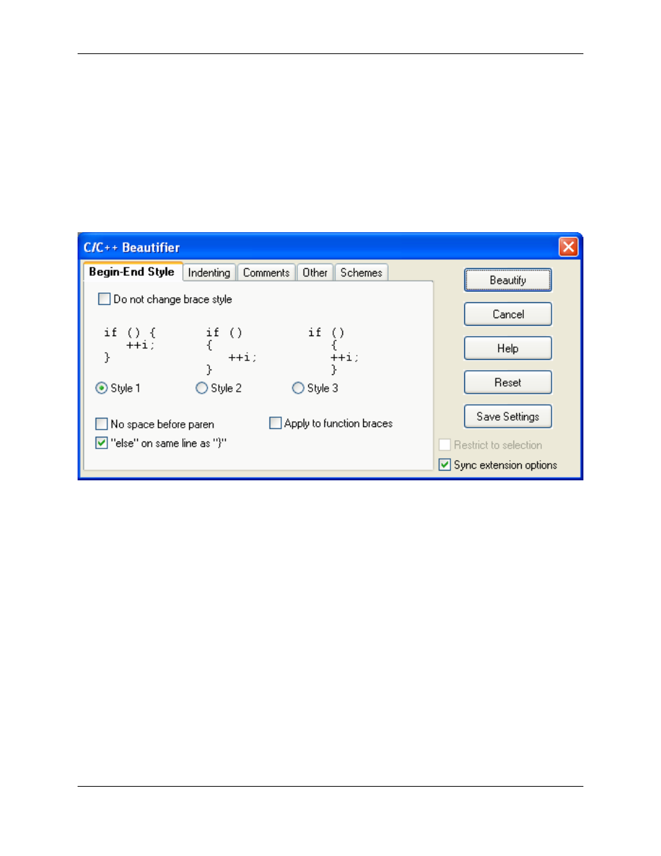 Begin-end style tab, C/c++ beautifier: begin-end style tab | Slick EDIT V3.3 User Manual | Page 260 / 568