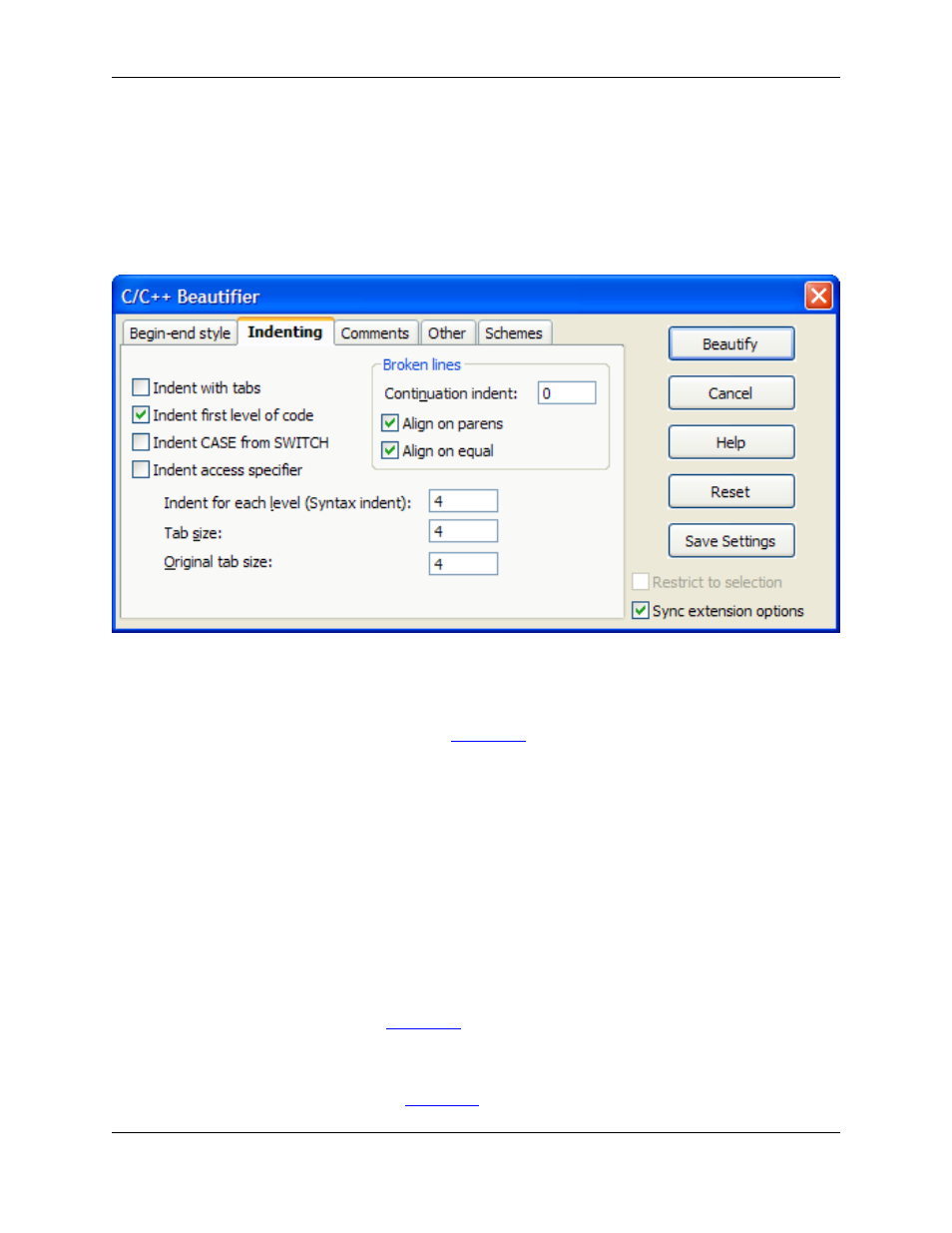 Indenting tab, C/c++ beautifier: indenting tab | Slick EDIT V3.3 User Manual | Page 261 / 568
