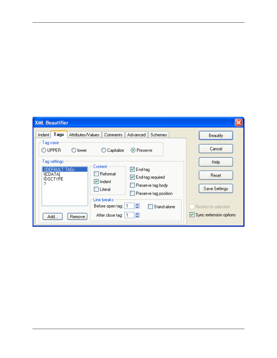 Tags tab, Xml beautifier: tags tab | Slick EDIT V3.3 User Manual | Page 280 / 568