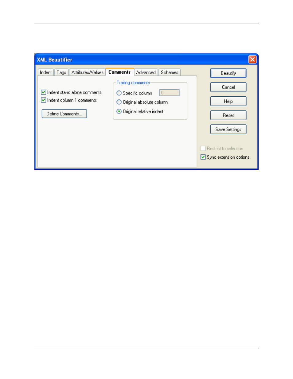 Xml beautifier: comments tab | Slick EDIT V3.3 User Manual | Page 284 / 568