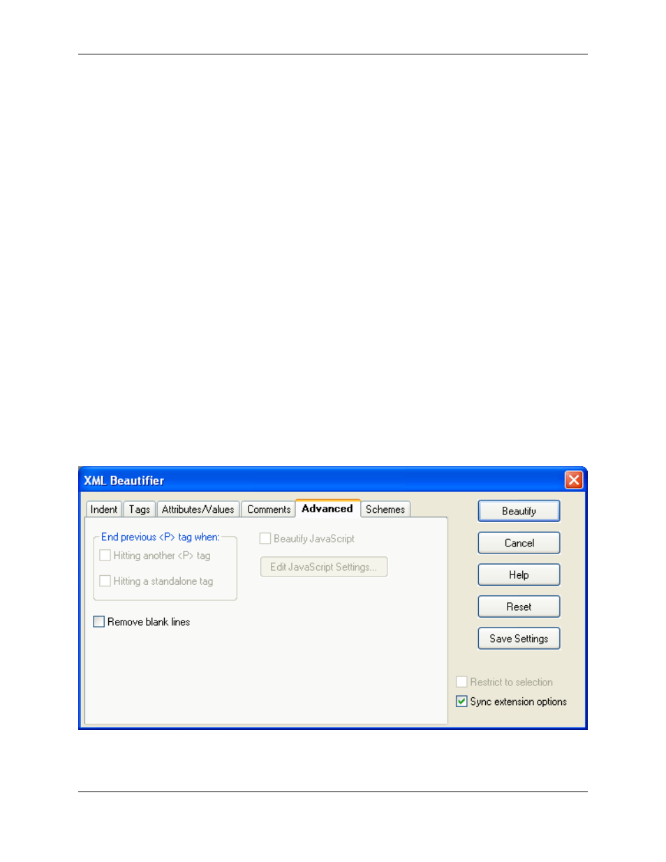 Advanced tab, Xml beautifier: advanced tab | Slick EDIT V3.3 User Manual | Page 285 / 568
