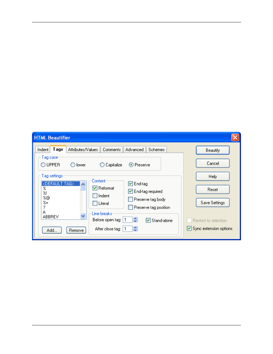 Tags tab, Html beautifier: tags tab | Slick EDIT V3.3 User Manual | Page 294 / 568