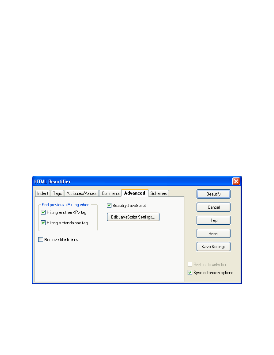 Advanced tab, Html beautifier: advanced tab | Slick EDIT V3.3 User Manual | Page 299 / 568