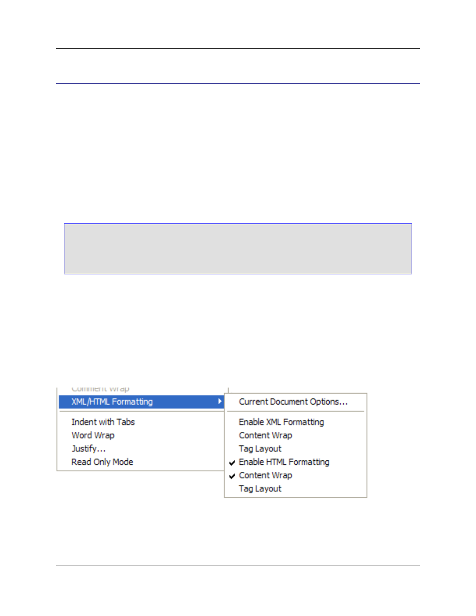 Xml/html formatting, Enabling/disabling xml/html formatting, Enabling/disabling globally | Xml/html formatting menu, Xml/html, Formatting, Caution | Slick EDIT V3.3 User Manual | Page 301 / 568