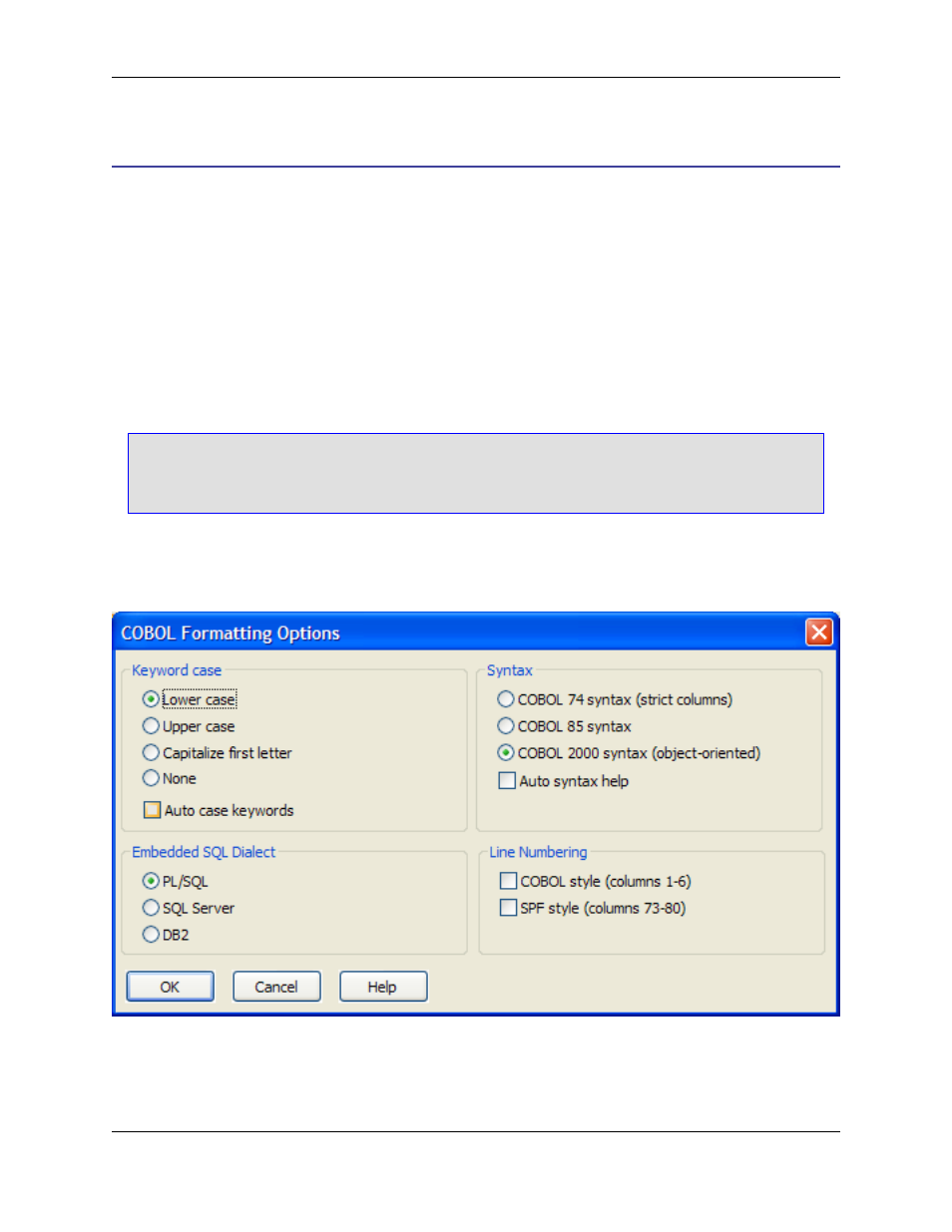 Cobol, Cobol formatting options, Cobol formatting options dialog | Slick EDIT V3.3 User Manual | Page 321 / 568