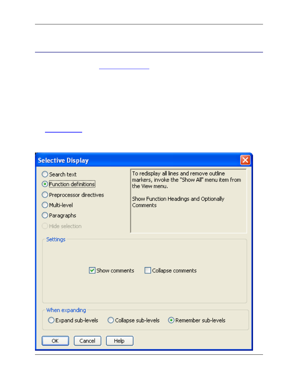 Dialogs related to viewing and displaying, Selective display dialog, Select | Ive display dialog | Slick EDIT V3.3 User Manual | Page 380 / 568