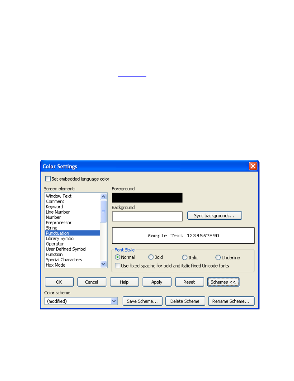 Setting colors for screen elements, Color settings dialog | Slick EDIT V3.3 User Manual | Page 78 / 568