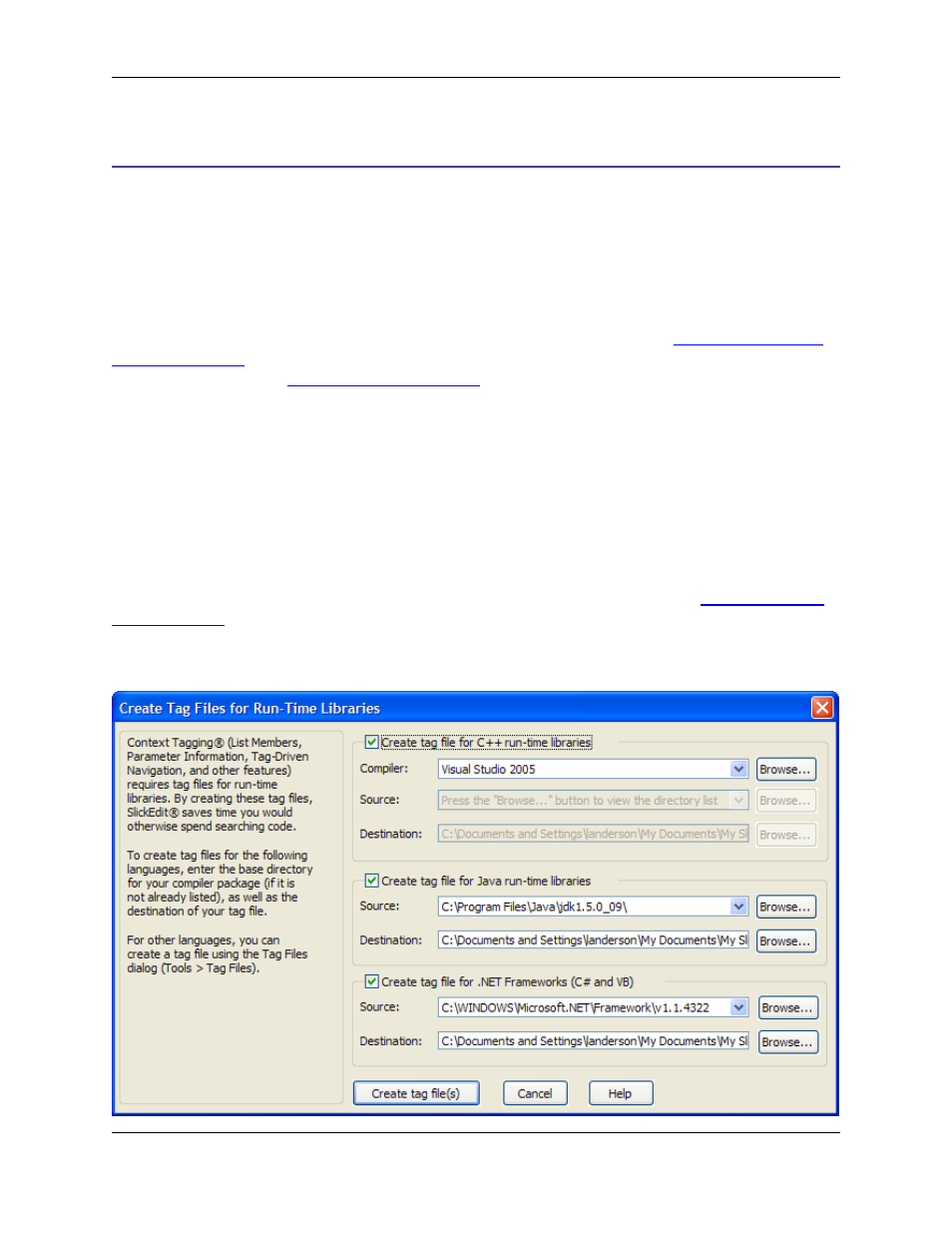 Building and managing tag files, Building tag files, Creating tag files for run-time libraries | Automatic tagging dialog | Slick EDIT V3.3 User Manual | Page 89 / 568