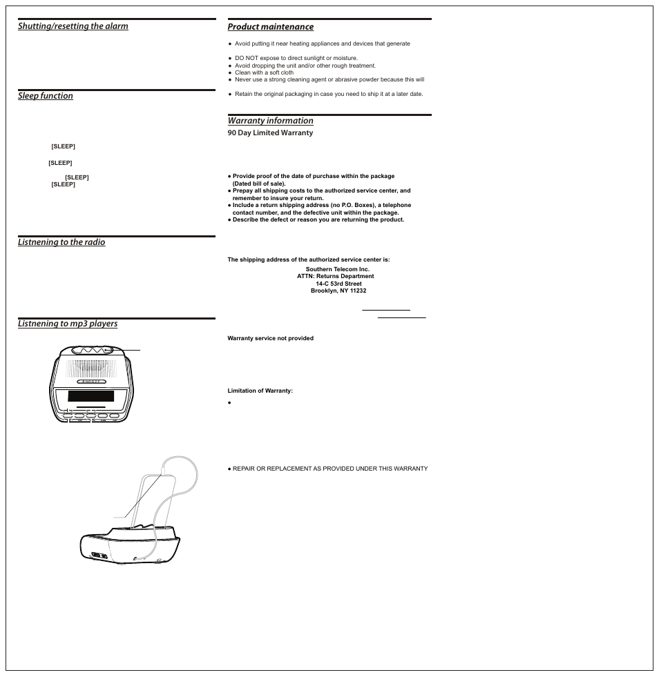Cr312_manual_side2, Warranty information product maintenance, Listnening to mp3 players | Listnening to the radio, Sleep function, Shutting/resetting the alarm | Slick CR312 User Manual | Page 2 / 2