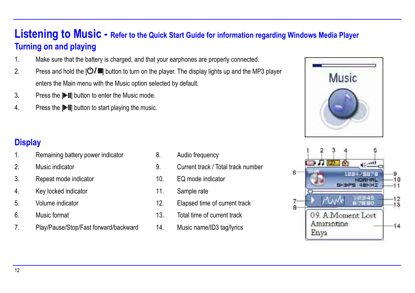 Listening to music, Turning on and playing, Display | Slick MP416SP-2 User Manual | Page 16 / 40