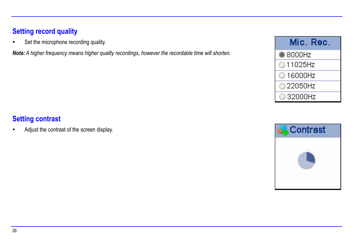 Setting record quality, Setting contrast | Slick MP416SP-2 User Manual | Page 30 / 40