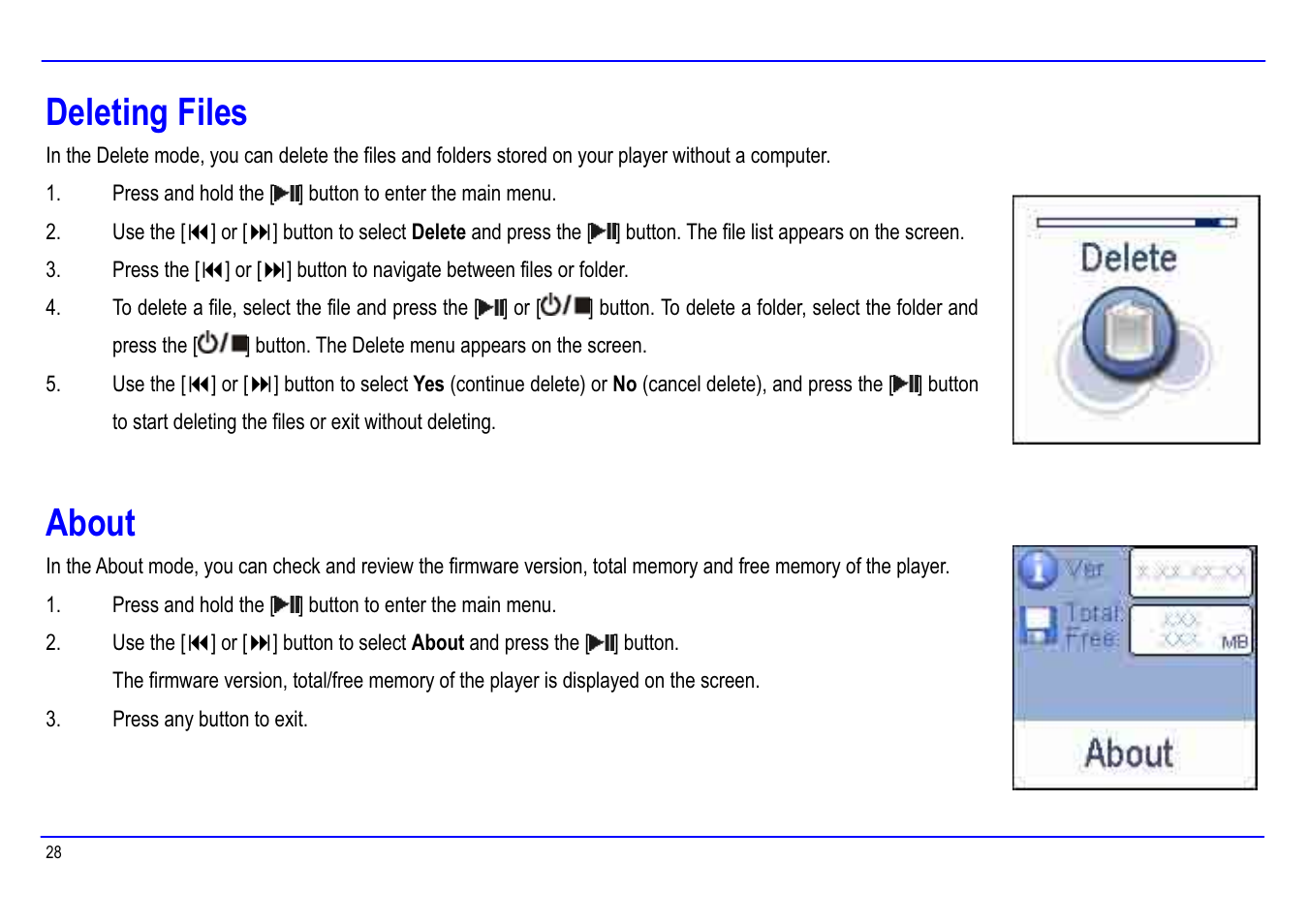 Deleting files, About | Slick MP416SP-2 User Manual | Page 32 / 40