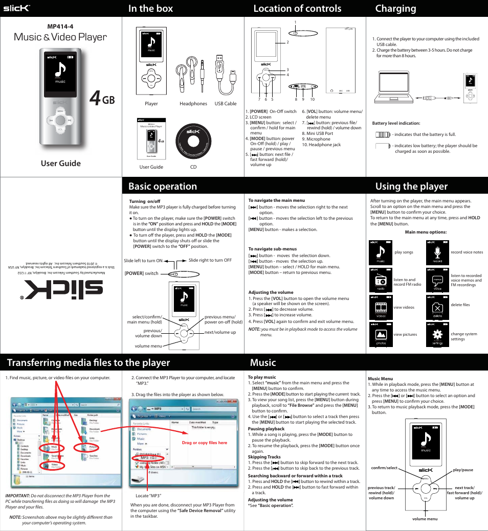 Slick MUSIC AND VIDEO PLAYER MP414-4 User Manual | 2 pages
