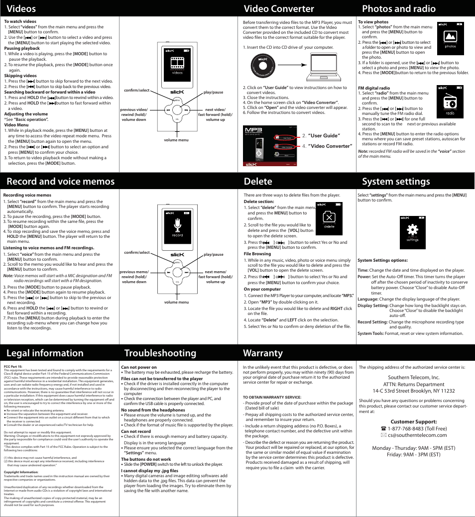 Legal information troubleshooting warranty | Slick MUSIC AND VIDEO PLAYER MP414-4 User Manual | Page 2 / 2