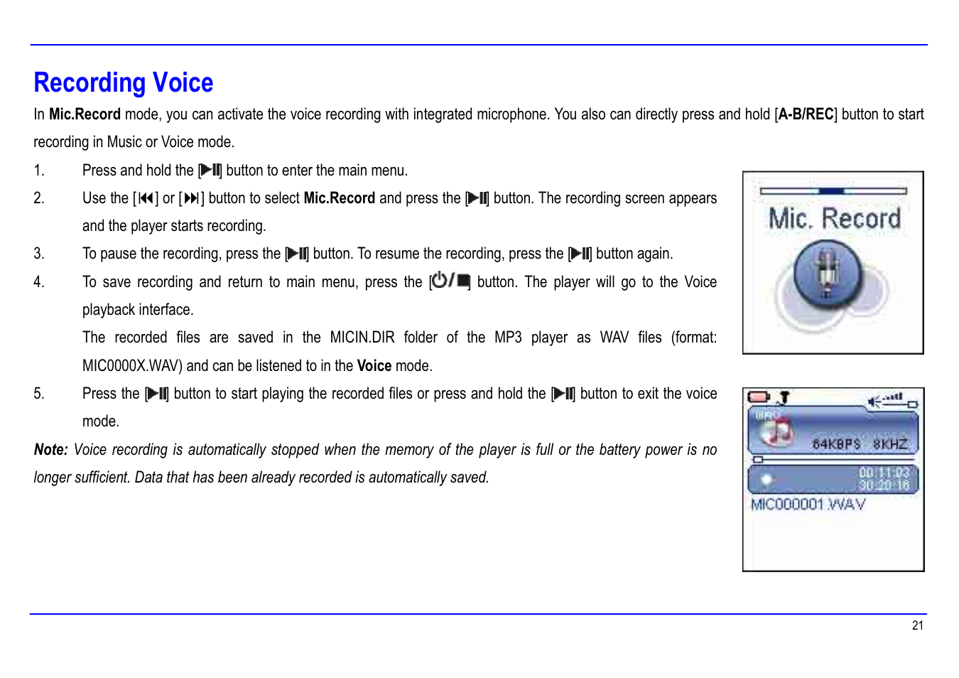 Recording voice | Slick MP416-1 User Manual | Page 25 / 40
