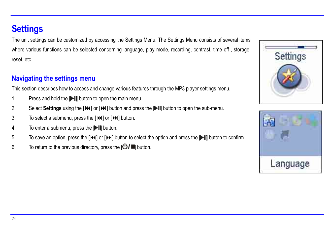 Settings | Slick MP416-1 User Manual | Page 28 / 40