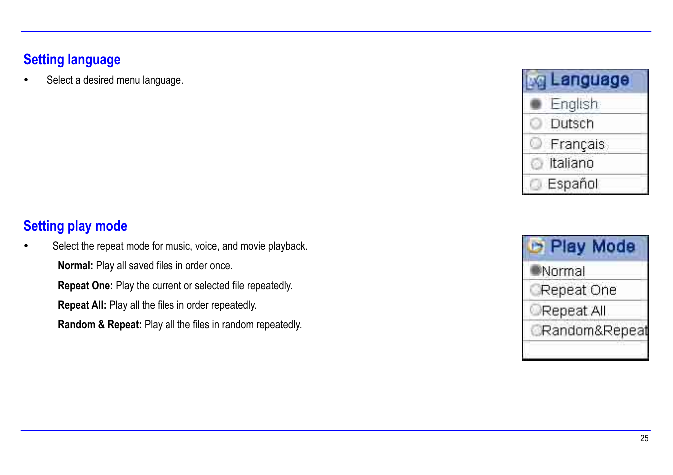 Setting language, Setting play mode | Slick MP416-1 User Manual | Page 29 / 40