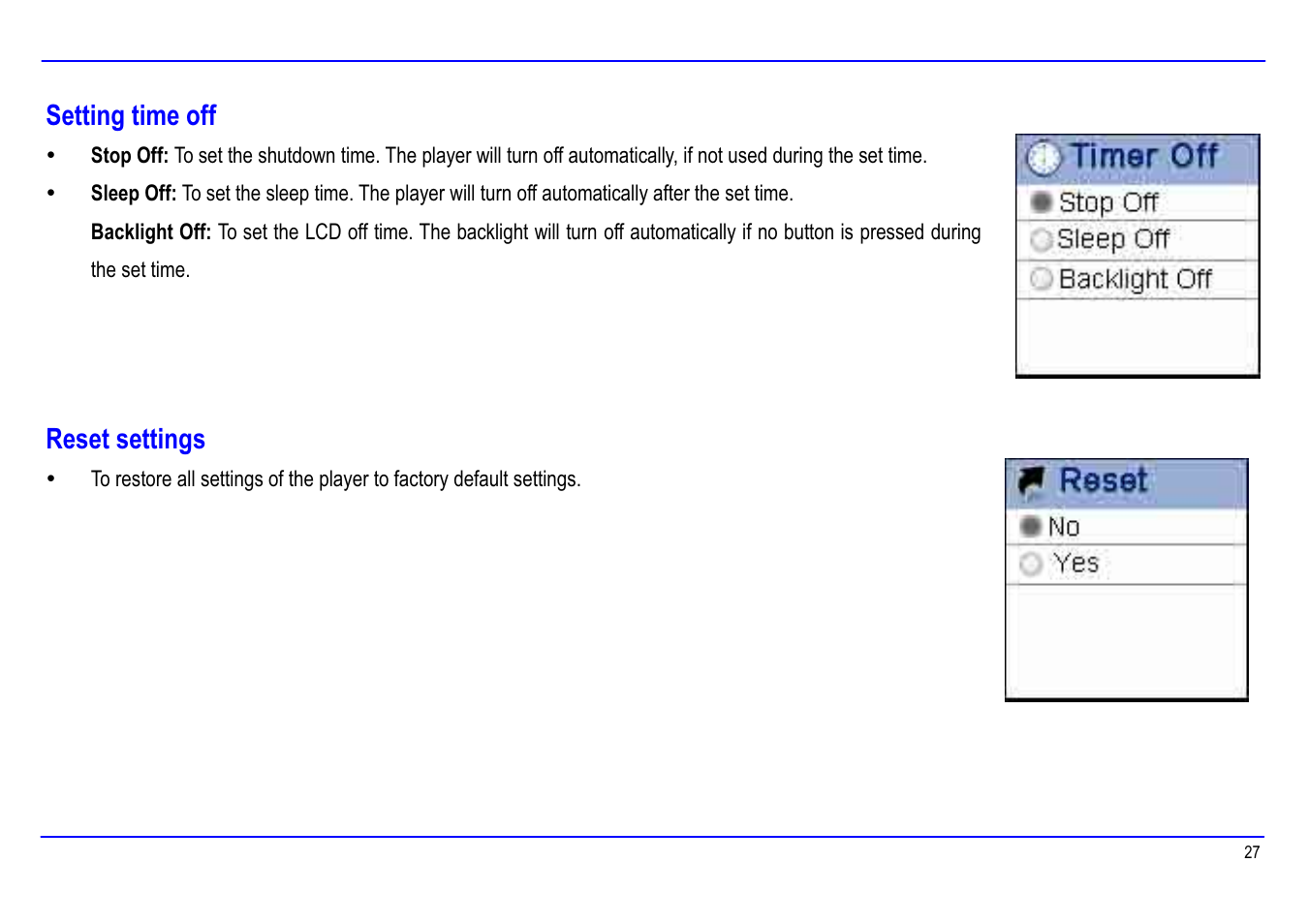 Setting time off, Reset settings | Slick MP416-1 User Manual | Page 31 / 40