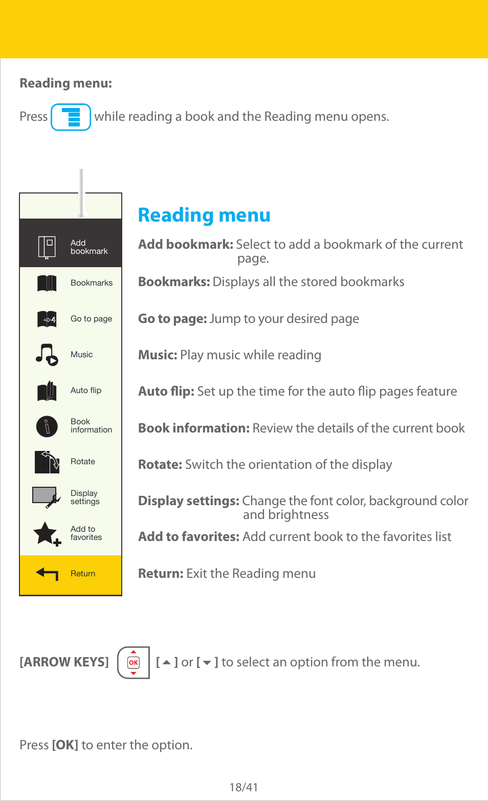 Reading menu | Slick ER701 User Manual | Page 18 / 41