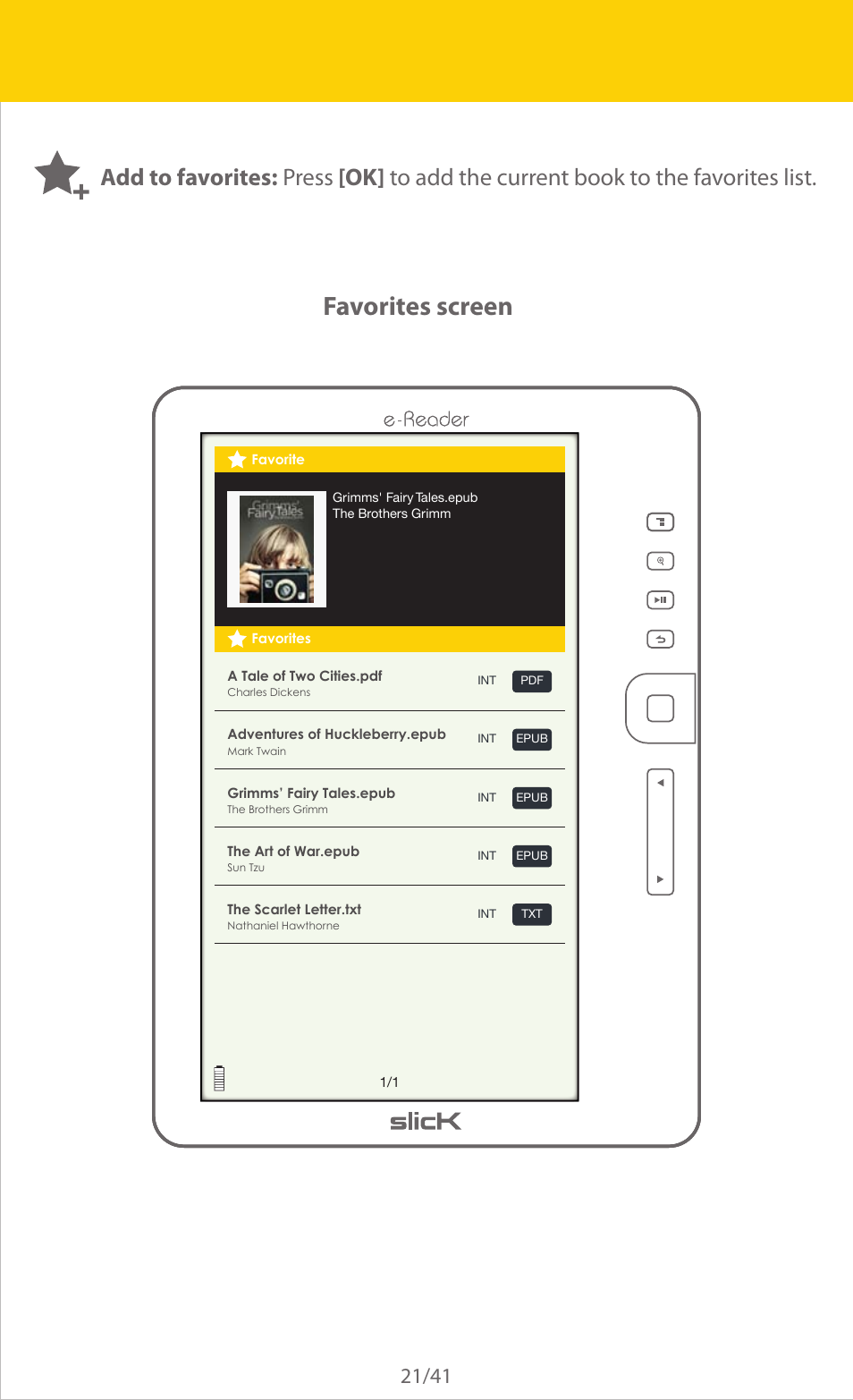 Favorites screen | Slick ER701 User Manual | Page 21 / 41