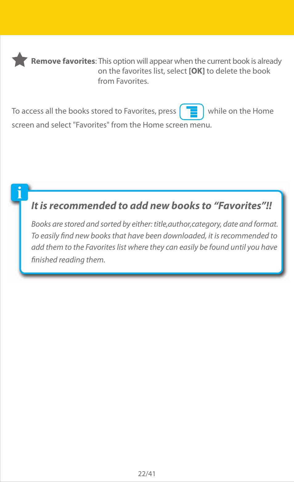 It is recommended to add new books to “favorites | Slick ER701 User Manual | Page 22 / 41
