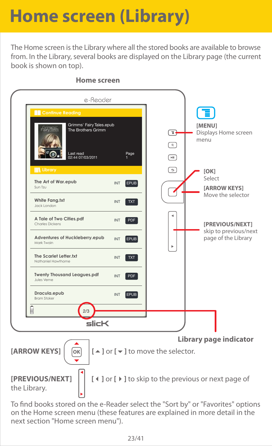 Home screen (library), Home screen library page indicator | Slick ER701 User Manual | Page 23 / 41
