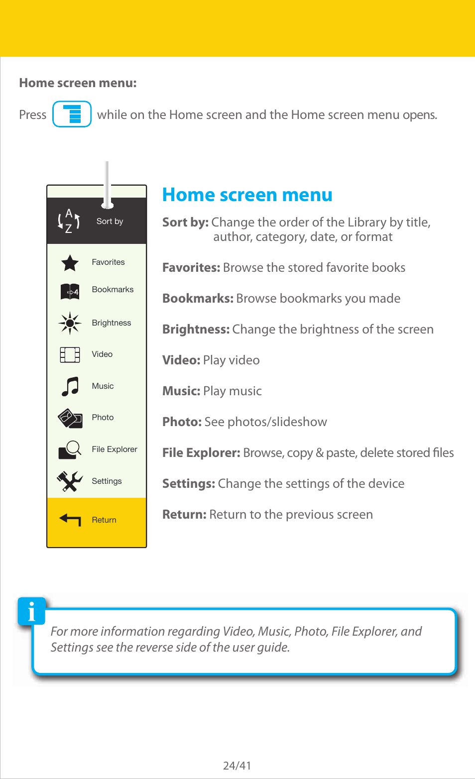 Home screen menu | Slick ER701 User Manual | Page 24 / 41