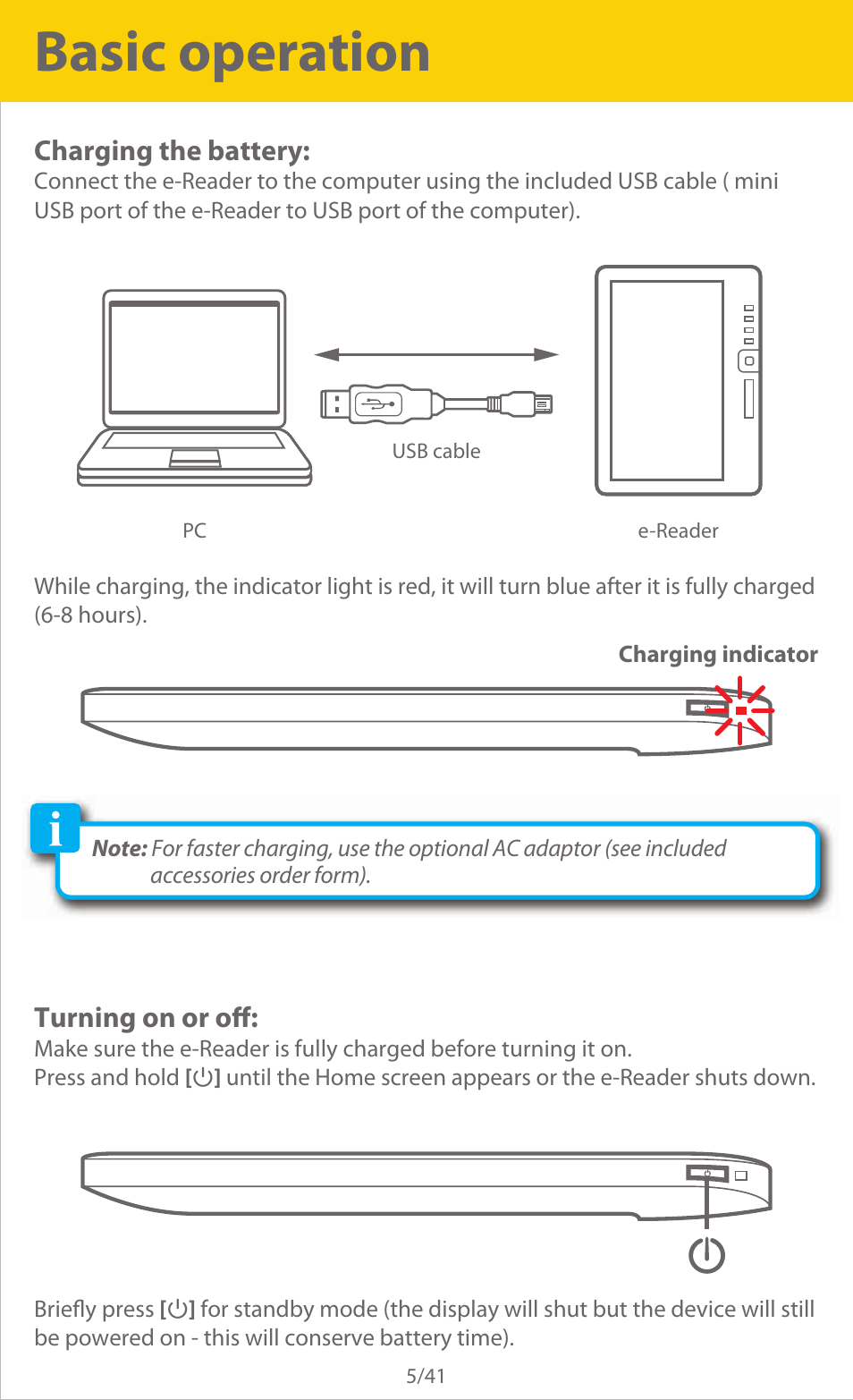 Basic operation, Charging the battery, Turning on or off | Slick ER701 User Manual | Page 5 / 41