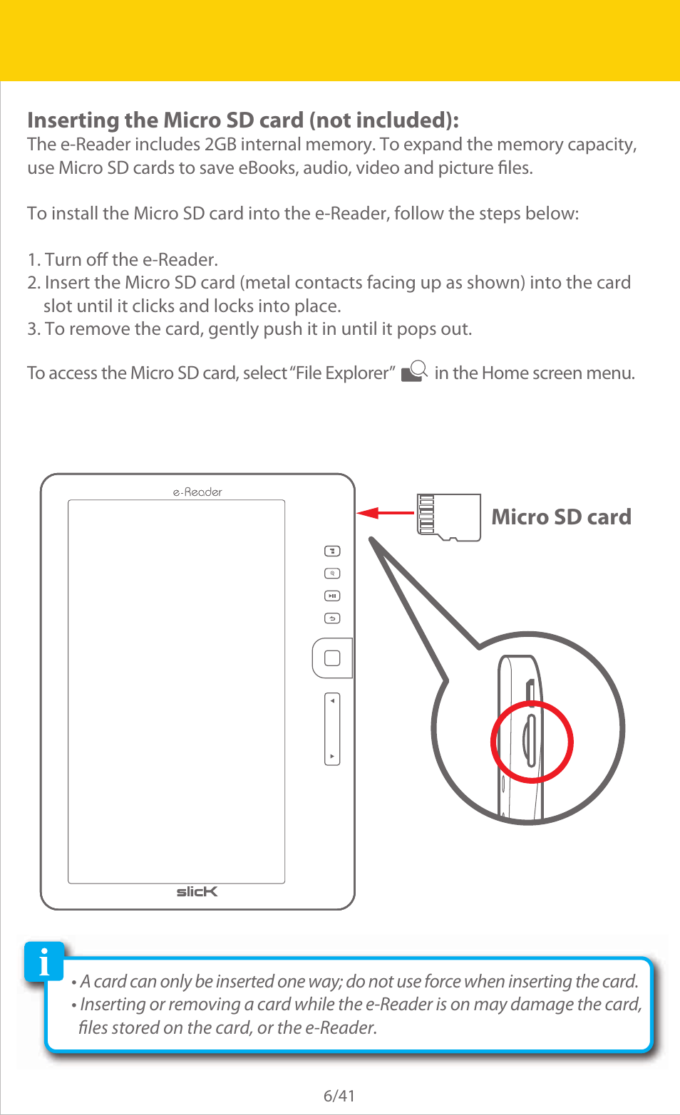 Inserting the micro sd card (not included), Micro sd card | Slick ER701 User Manual | Page 6 / 41