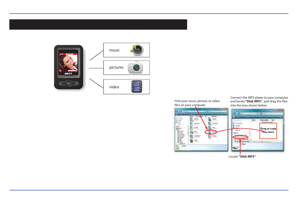 Transferring media files to the player, Transferring media to the player | Slick MP402-2 User Manual | Page 12 / 29
