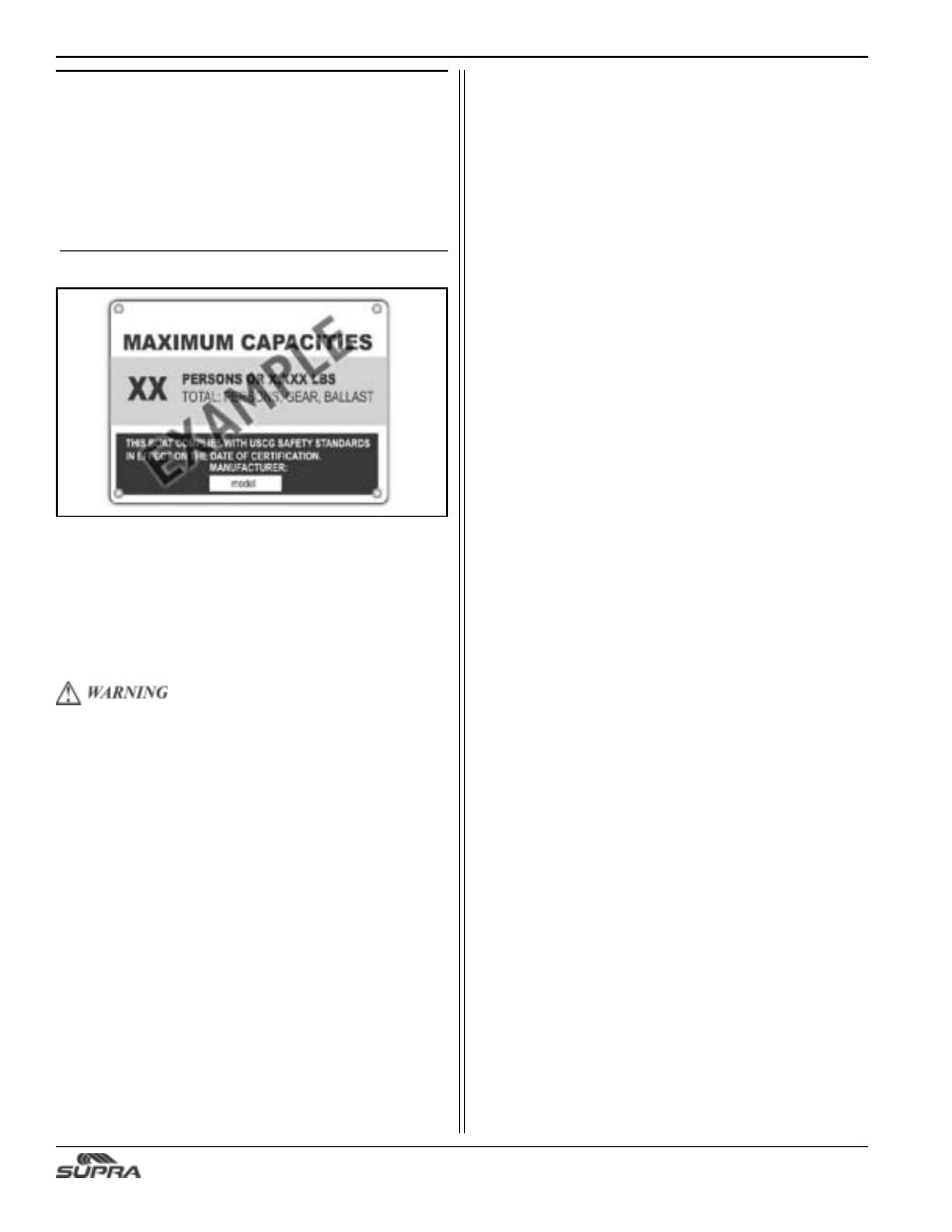 Maximum capacities, Coast guard regulations | Supra SUNSPORT 24V User Manual | Page 20 / 74