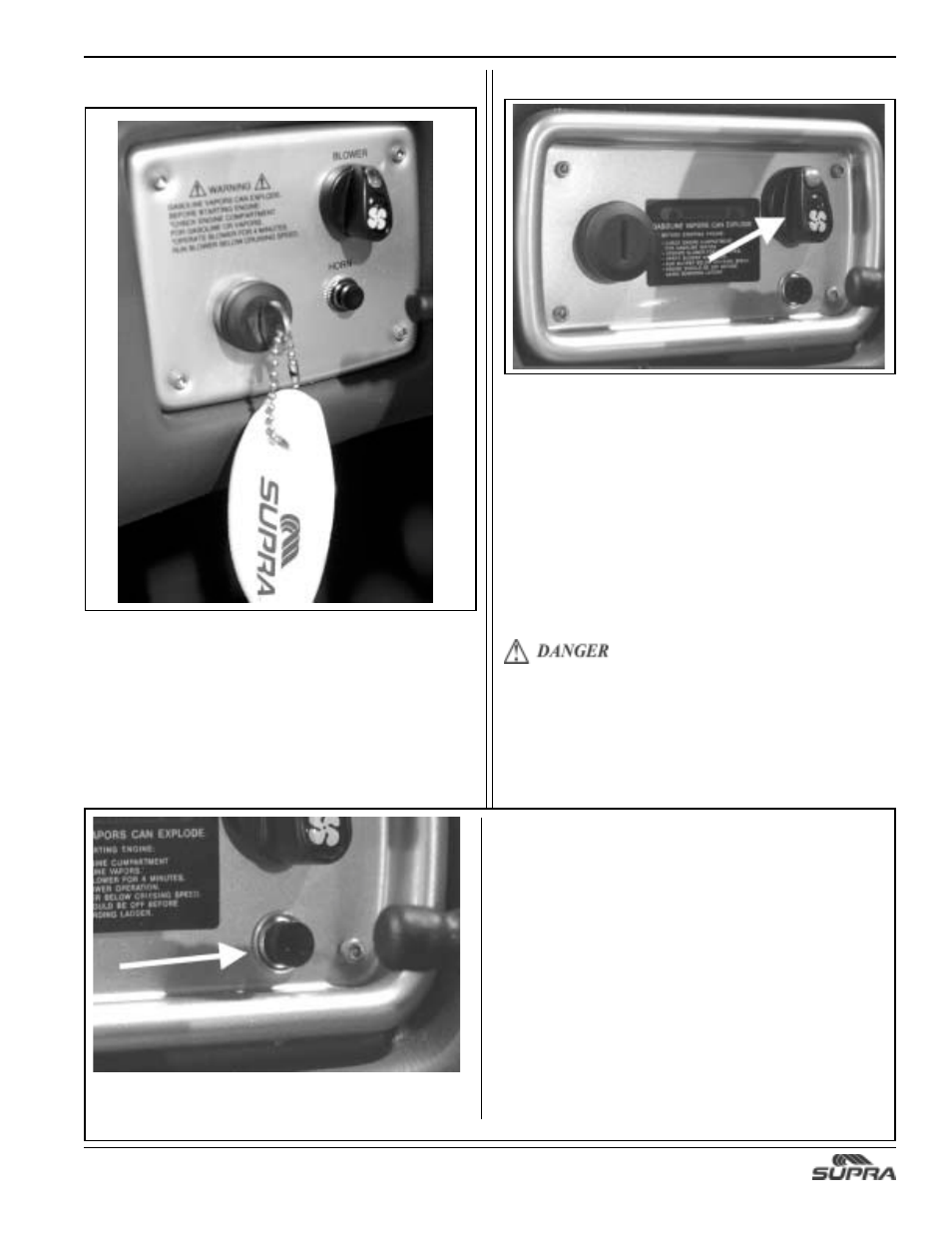 Horn switch, Horn/whistle signals, Ignition switch | Blower switch | Supra SUNSPORT 24V User Manual | Page 33 / 74