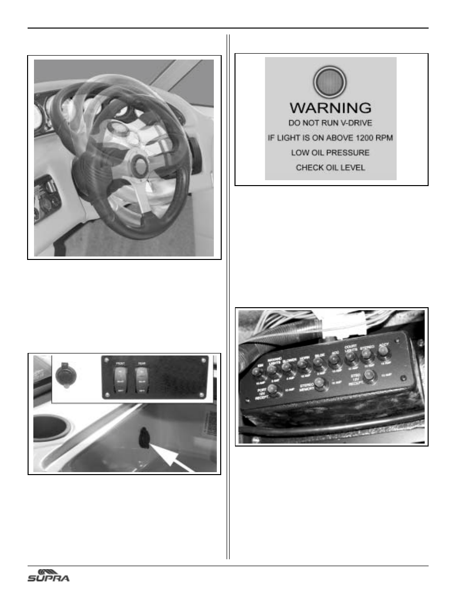 Tilt steering, Dc outlet, V-drive warning light | Circuit breaker panel | Supra SUNSPORT 24V User Manual | Page 34 / 74