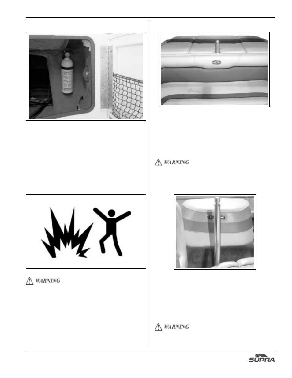 V-drive ski pylon, Fire extinguisher, Inboard ski pylon | Flame precautions | Supra SUNSPORT 24V User Manual | Page 39 / 74