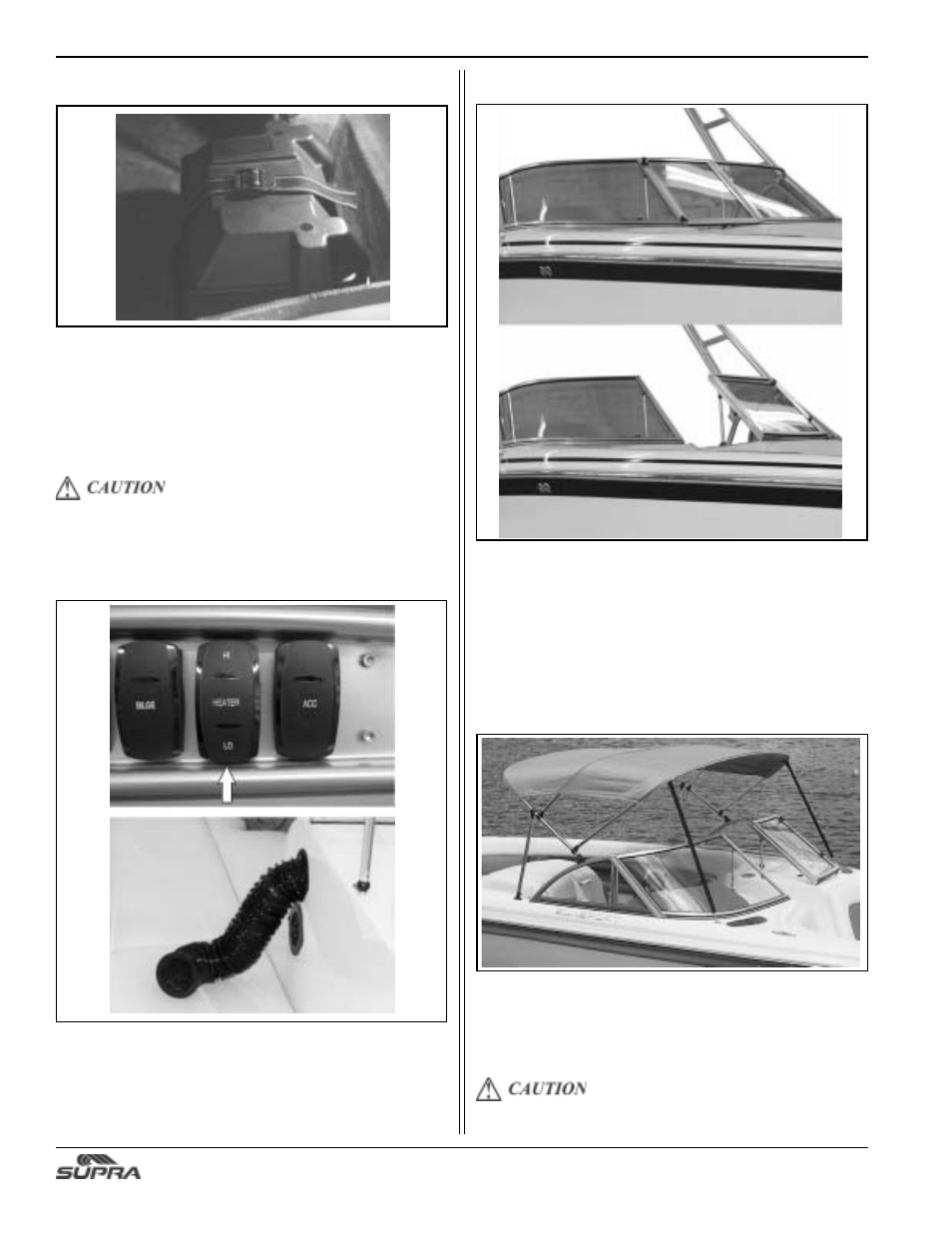 Battery box, Walk-thru windshield, Optional bimini top | Optional boat heater | Supra SUNSPORT 24V User Manual | Page 46 / 74