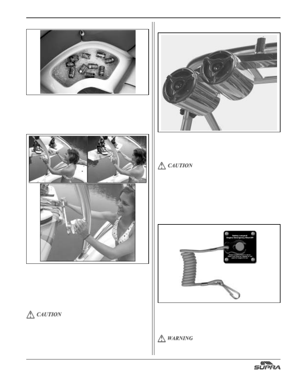 Optional tower speakers, Cooler, Wakeboard racks | Safety lanyard/engine shut off switch | Supra SUNSPORT 24V User Manual | Page 47 / 74