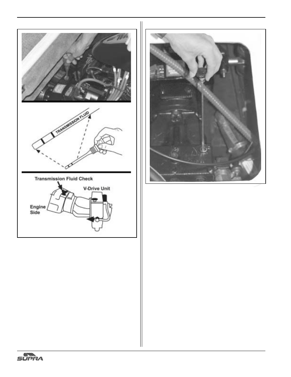 Transmission level check, V-drive fluid check | Supra SUNSPORT 24V User Manual | Page 54 / 74