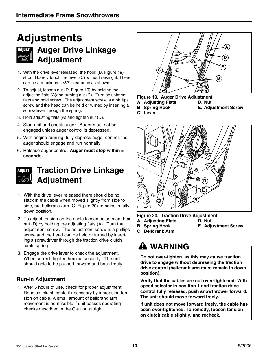 Adjustments, Auger drive linkage adjustment, Traction drive linkage adjustment | Warning, Intermediate frame snowthrowers | Simplicity Manufacturing I7524E User Manual | Page 10 / 16