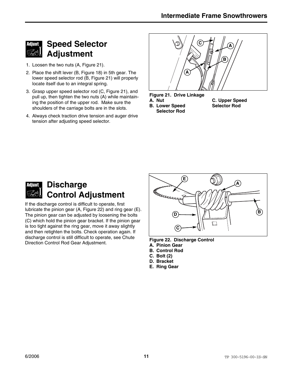 Speed selector adjustment, Discharge control adjustment, Intermediate frame snowthrowers | Simplicity Manufacturing I7524E User Manual | Page 11 / 16