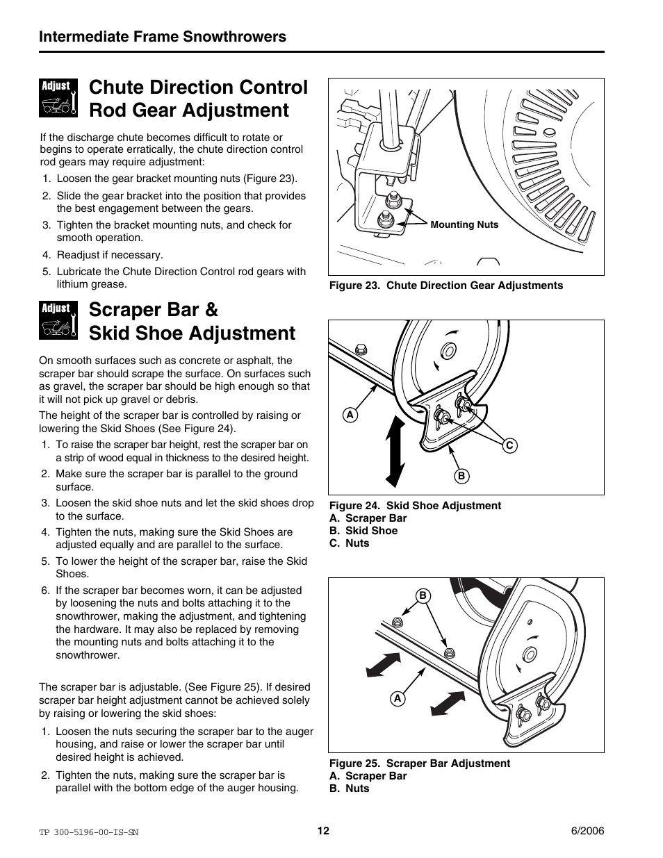 Chute direction control rod gear adjustment, Scraper bar & skid shoe adjustment, Intermediate frame snowthrowers | Simplicity Manufacturing I7524E User Manual | Page 12 / 16