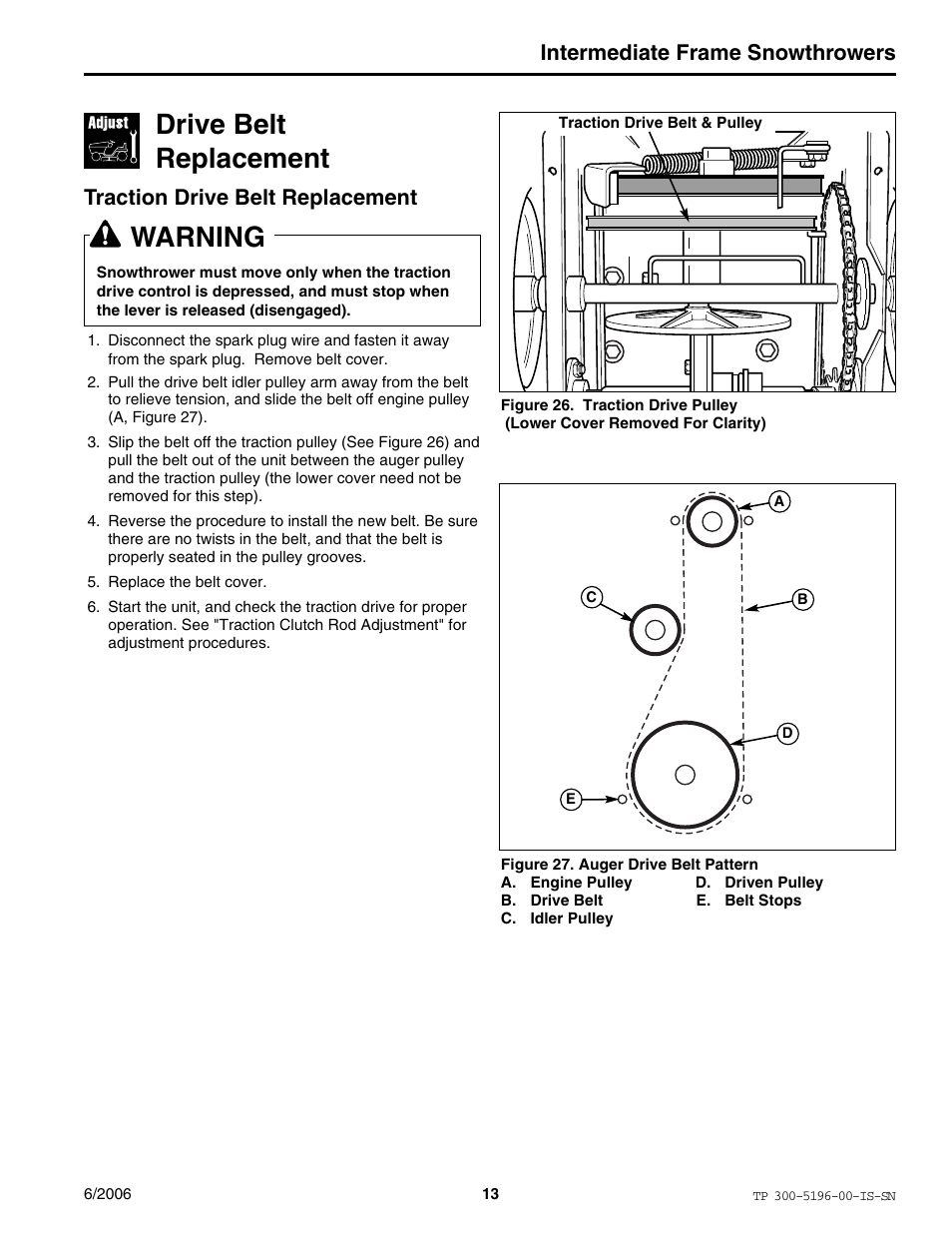Drive belt replacement, Warning, Intermediate frame snowthrowers | Traction drive belt replacement | Simplicity Manufacturing I7524E User Manual | Page 13 / 16